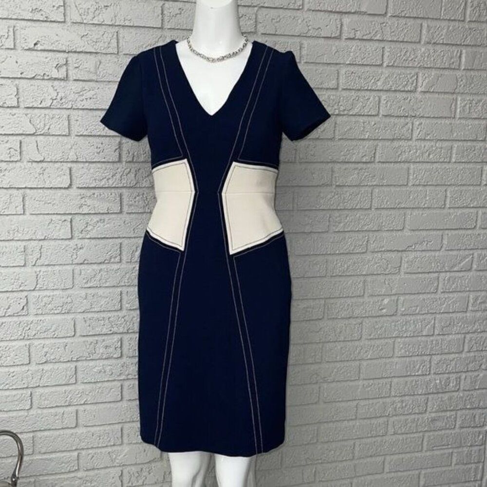 Ann Taylor Women V Neck Short Sleeve Color Block Sheath Dress Size 0